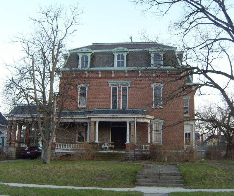 Front of the Elijah Pelton Jones House, located at 313 E. Sandusky Street in Findlay, Ohio, United States.  Built in 1863, the Second Empire house is listed on the National Register of Historic Places.