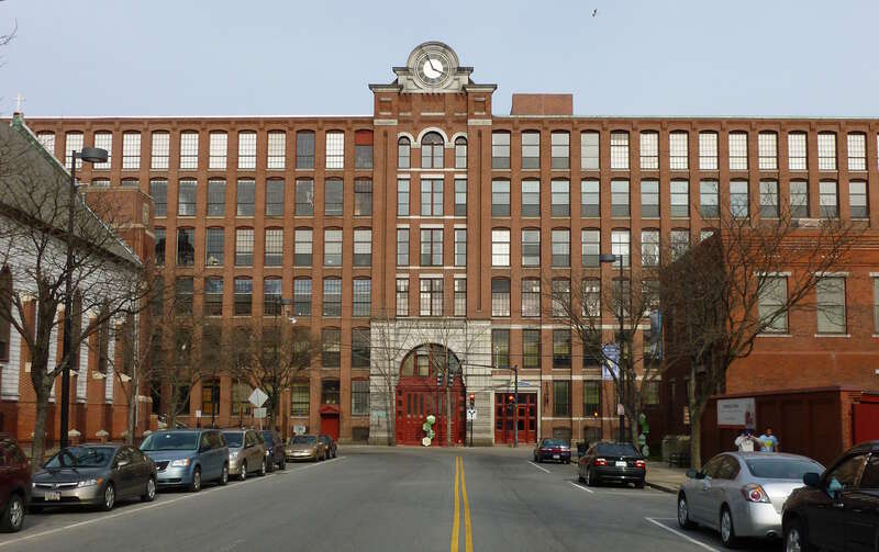 The west side of Everett Mills as viewed from Essex Street.   The mills are located at 15 Union Street, Lawrence, Massachusetts.