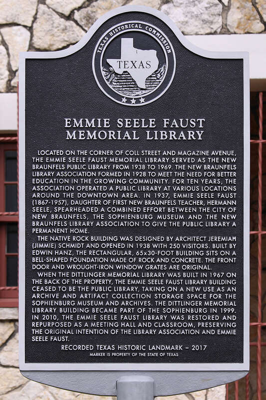 Recorded Texas Historic Landmark plaque for the Emmie Seele Faust Memorial Library in New Braunfels, Texas, United States.