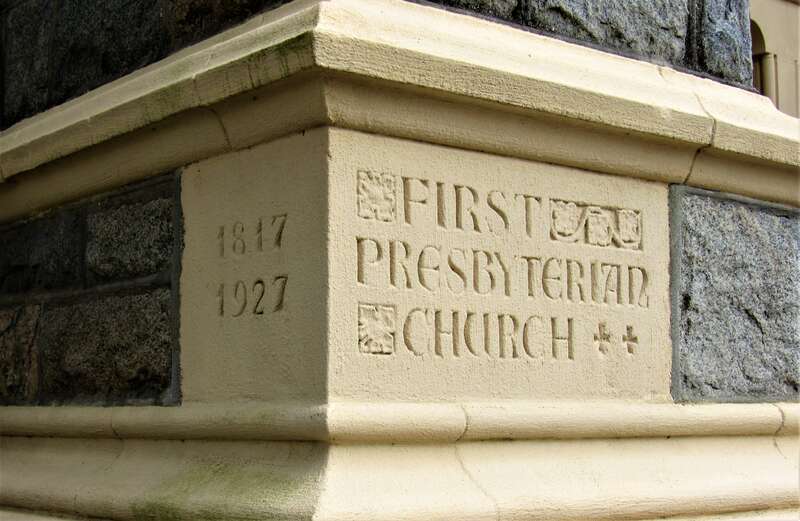 The cornerstone of First Presbyterian Church in Wilmington, North Carolina.