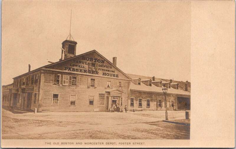 Divided back postcard of Foster Street station in Worcester, Massachusetts. The postcard was produced around 1907 to 1915, but the station was torn down decades earlier.