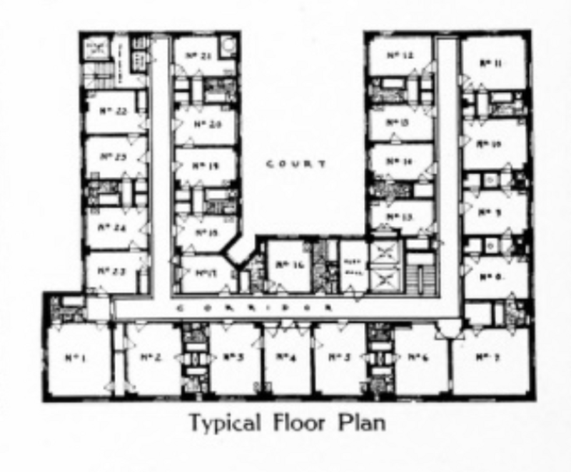 Typical floor plan, Hotel Savannah, 7 East Congress Street (at Bull Street), Savannah, Georgia. Opened in 1913 with 1921 addition. Later known as Hotel Manger, Manger Building, and First City Club of Savannah.