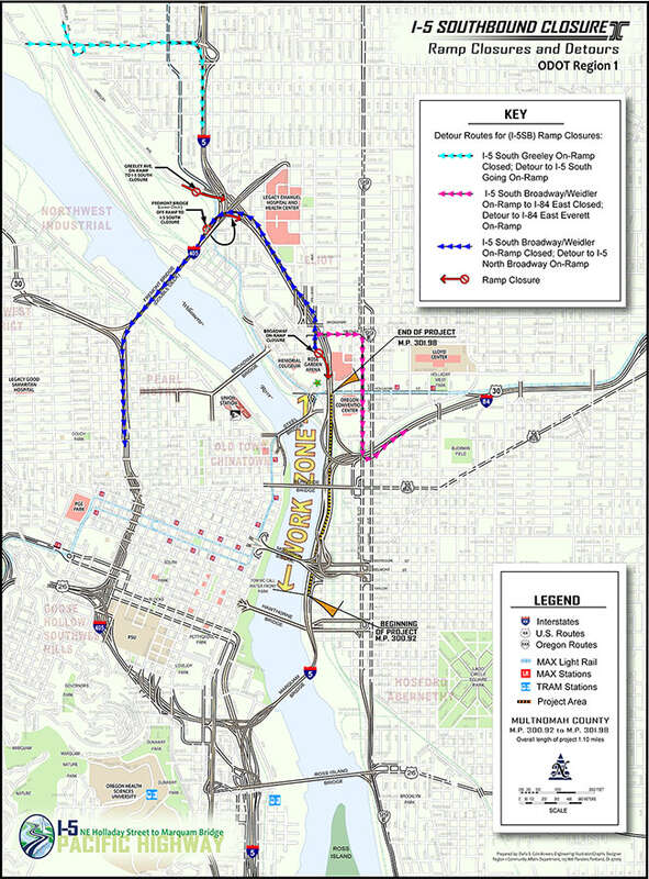 I-5/Portland, OR: Full weekend closures for repaving: 11p Fri 7/13 to 5a Mon 7/16 between Fremont Bridge and Marquam Bridge