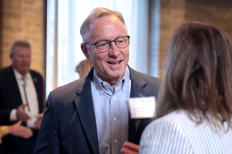 Mesa Mayor John Giles speaking with attendees at an event titled &quot;Elevate: Conservation and Water Management&quot; at The Yard at Farmer Arts District in Tempe, Arizona.

Please attribute to Gage Skidmore if used elsewhere.