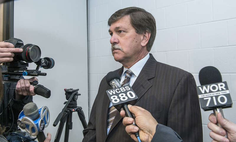 LIRR President Patrick Nowakowski addresses media during the Long Island Rail Road's community meetings to allow members of the public to learn more about the project and provide their input on an 82-page “Draft Scoping Document” released earlier