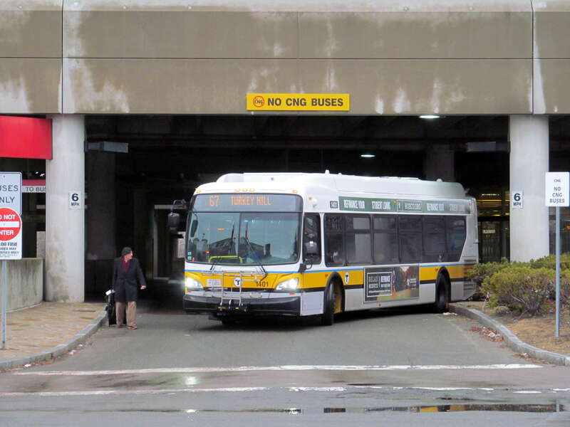 MBTA route 67 bus leaving Alewife station in March 2017