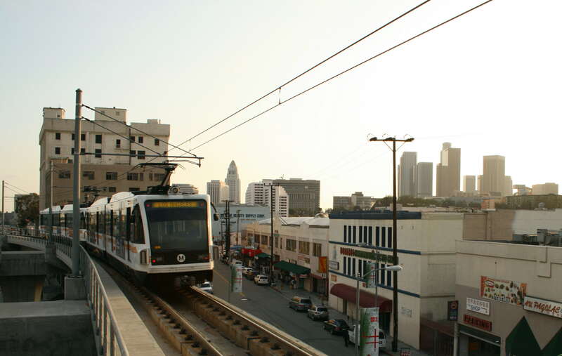 Metro Gold Line train leaving China Town to Union Station Down Town Los Angeles, California