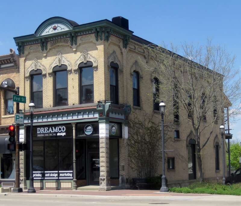 Miller Block in the Dundee Township Historic District in West Dundee (c. 1885). It was built by Albert Miller for his jewelry stor. Peter Kildahl, a photographer, had a gallery upstairs.
