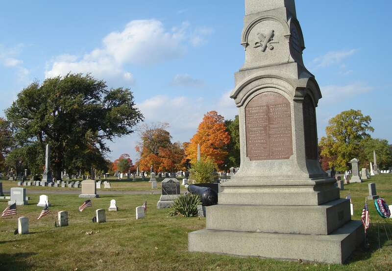 Mount Wollaston Cemetery in Quincy, Massachusetts, home to several monuments memorializing war dead including the American Civil War, right.