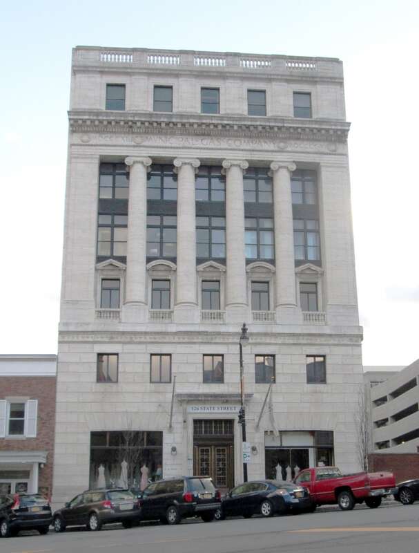 The Municipal Gas Company Building, located at 126 State Street between Lodge and Eagle Streets in Albany New York, was built in 1915 and was designed by Marcus T. Reynolds. (Source: Albany Architecture: A Guide to the City)