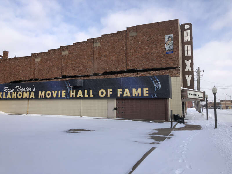 Photo of the Roxy Theater in Muskogee OK during a respite in the w:en:February 13–17, 2021 North American winter storm. Photo taken from the Northwest.