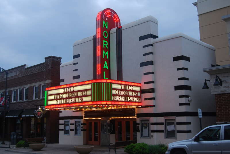 Just down the street from the campus of Illinois State University.
Its animated neon marquee is a sight to behold.