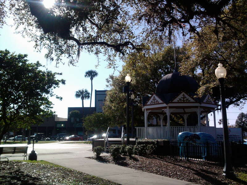 View of Ocala's Downtown Square Gazebo and &quot;Horse Fever&quot; sculpture.  Ocala is known for its rolling hills, majestic oaks, and as the &quot;Horse Capital of the World.&quot;
