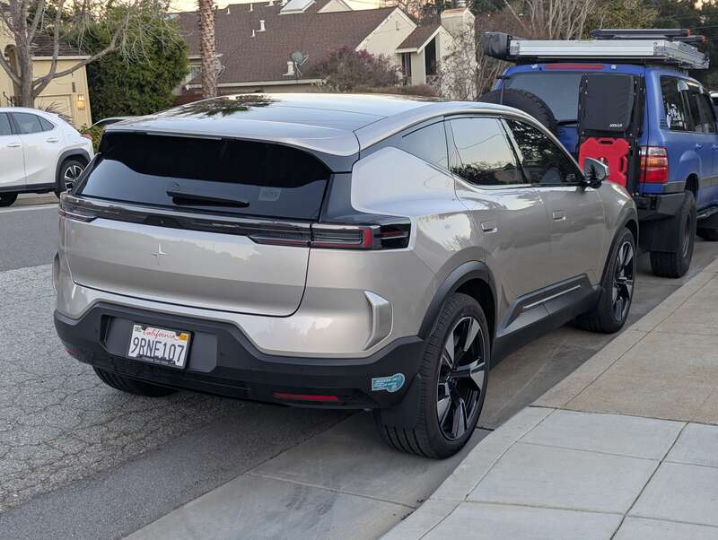 Rear quarter view of a Polestar 3 in the Aragon-Baywood neighborhood of San Mateo, California