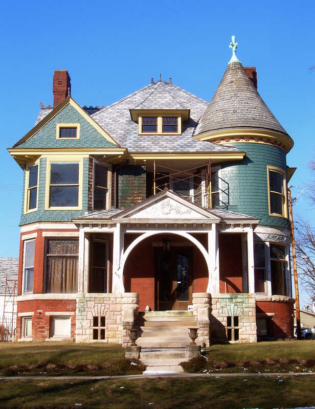 A Queen Anne style house in Bloomington, Illinois. Oscar &amp;amp; Sara Mandel House, 402 E. Grove St., East Grove Street District, Bloomington, Illinois. Moved to 402 E Grove in 2004 from 507 E. Washington.