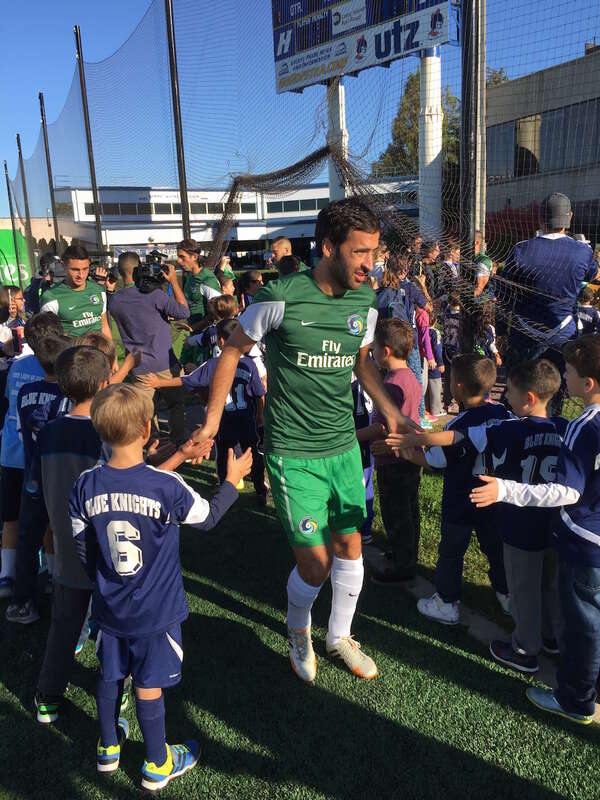 Raúl walks onto the pitch for a New York Cosmos home match in 2015.
