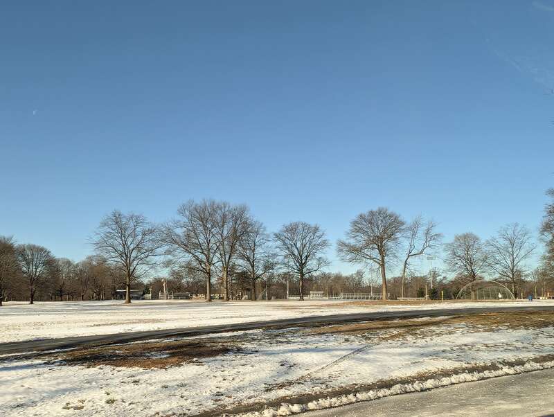 Photo of the Rahway River Park, part of the Rahway River Parkway, in Rahway, New Jersey. Photo taken from County Route 650 (Parkway Drive) looking northwest.