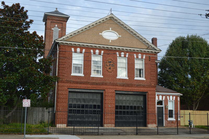 Front of the former Lynchburg Fire Station 4, located at 1210 Rivermont Avenue in Lynchburg, Virginia, United States.  Built in 1906, it is part of the Rivermont Historic District, a historic district that is listed on the National Register of