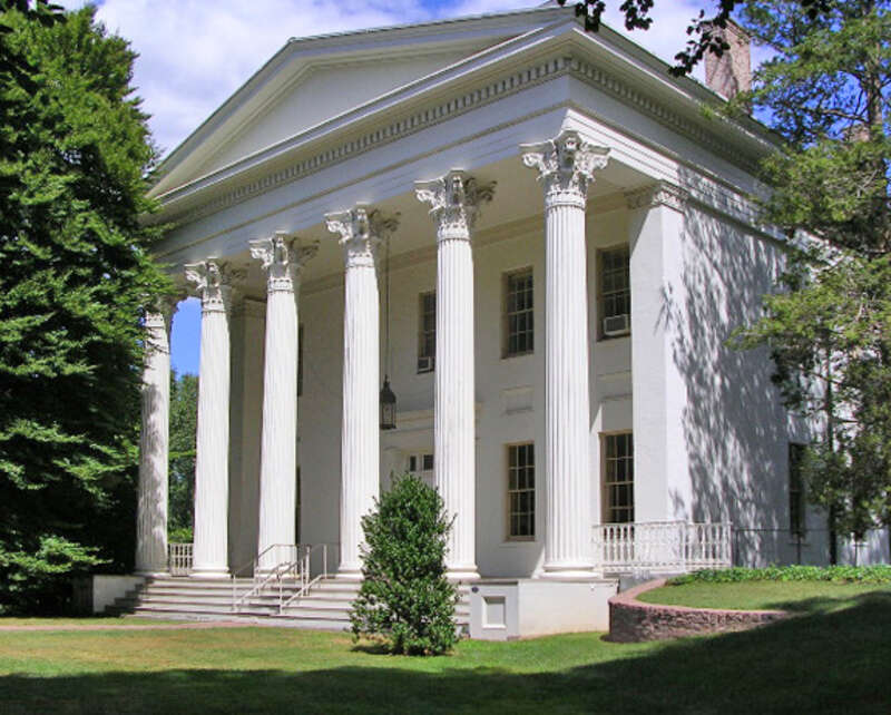 Description:The Russell House — Wesleyan University, Middletown, Connecticut.
Neoclassical facade with Corinthian columns.