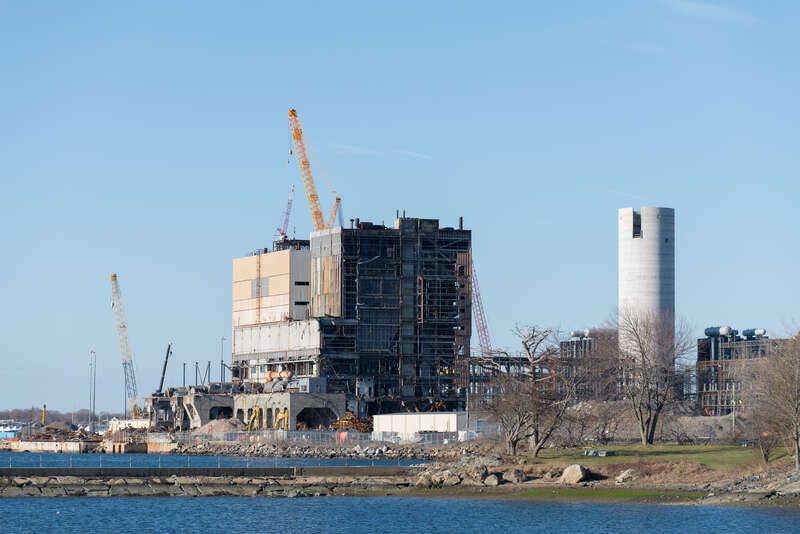 New smokestack construction and demolition of old coal plant underway in Salem, Massachusetts