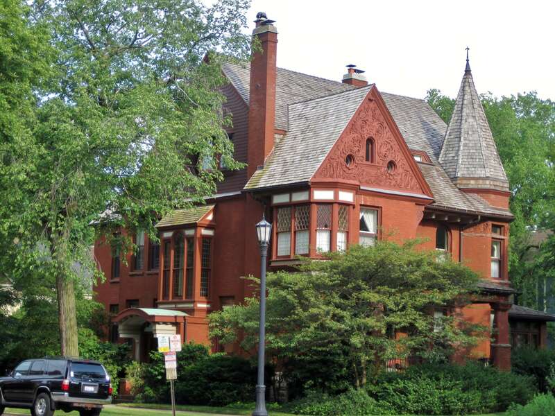 The Simeon Farwell House, part of the Evanston Lakeshore Historic District (1890). The 1890 Queen Anne was designed by John M. Van Osdel. Farwell was born in Campbelltown, NY in 1831, a descendent of Henry Farwell, a founder of Concord, MA. He moved