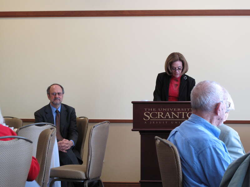 Sondra Myers (Senior Fellow at the University of Scranton) introducting Robert Kuttner, author of the book &quot;Obama's Challenge: America's Economic Crisis and the Power of a Transformational Presidency.&quot;  Kuttner was the guest speaker at the April 15,