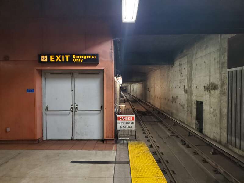 The south emergency exit at South San Francisco station in December 2020