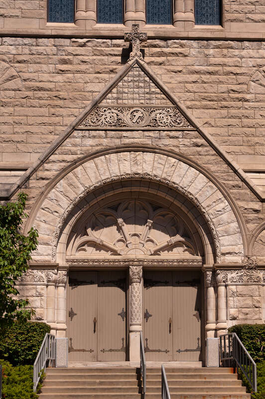 The main entrance into St. Ambrose Cathedral in downtown Des Moines, Iowa