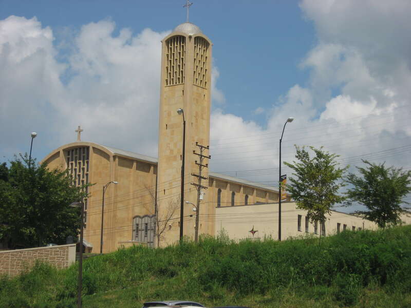 View from the southeast of St. Columba's Cathedral, located on the northeastern corner of the junction of Elm and Wood Streets in Youngstown, Ohio, United States.  Completed in 1958, it is the cathedral for the Roman Catholic Diocese of Youngstown.