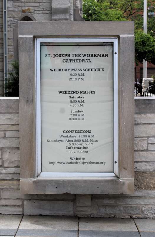 The sign in front of the Cathedral of Saint Joseph the Workman in La Crosse, Wisconsin.