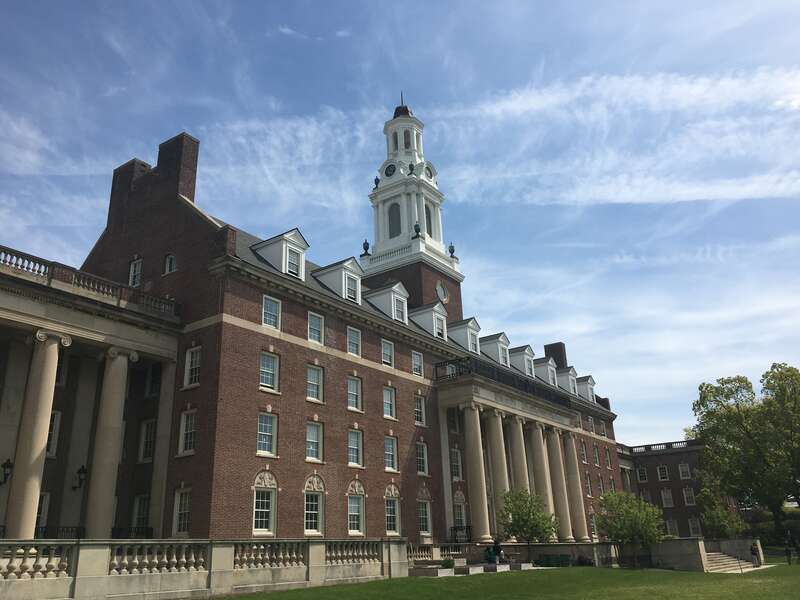 Front (south) facade of the central wing of the former St. Luke's Hospital, a listing on the National Register of Historic Places in Cleveland, Ohio.