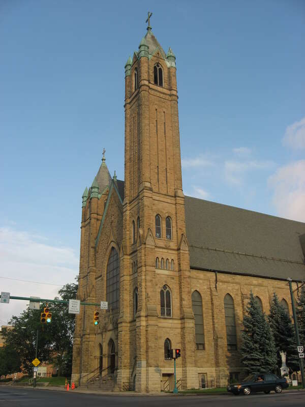 Front and western side of the tower of St. Raphael's Catholic Church, located at 225 E. High Street in Springfield, Ohio, United States.  Built in 1892, it is listed on the National Register of Historic Places.
