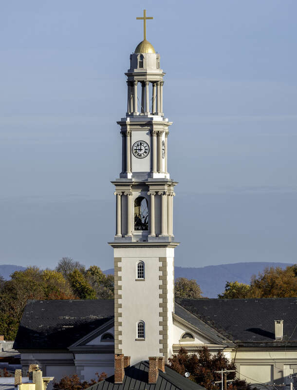The tower of Saint John the Evangelist Roman Catholic Church, Frederick, Maryland, USA