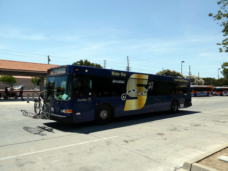 StanRTA bus in new livery at Modesto Transportation Center in May 2022