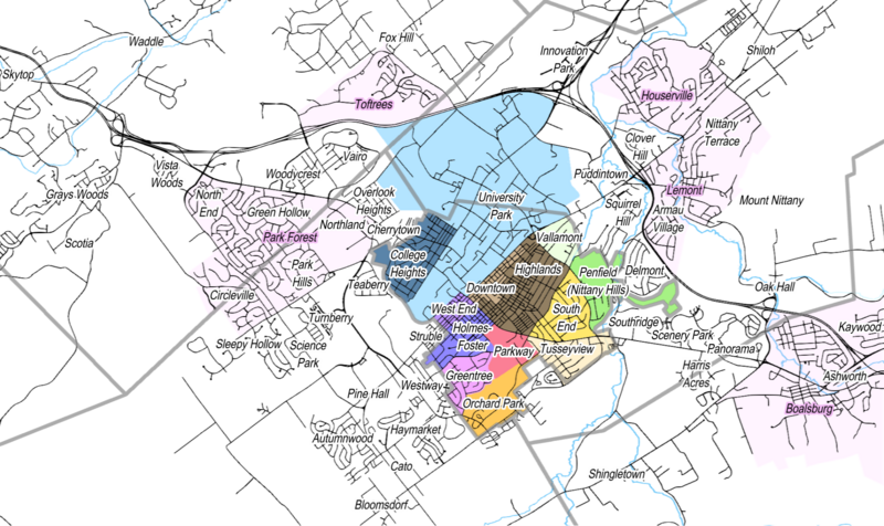 Neighborhoods of State College and surrounding townships (College, Ferguson, Harris, Patton) and CDPs Lemont, Houserville, Boalsburg, Park Forest, Toftrees, Park Forest.