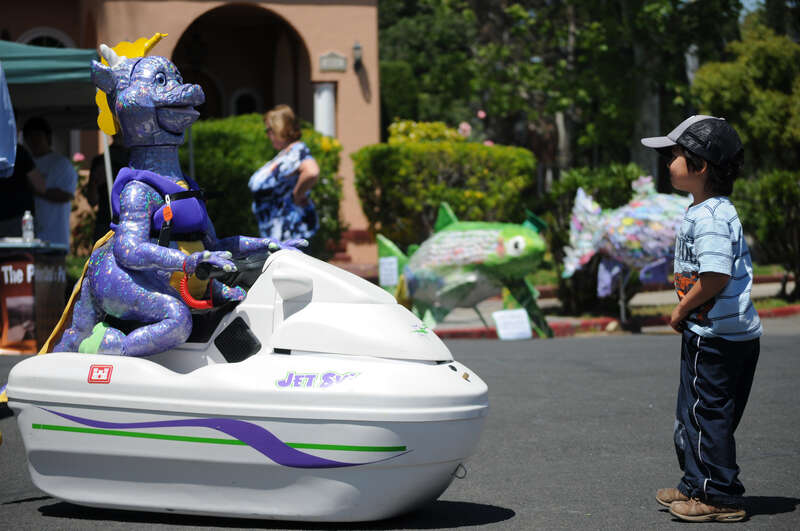 STOCKTON, Calif. (May 1, 2011) – Corps water safety mascot Seamoor the sea serpent explains the importance of life jackets at the first-ever Stockton Steelhead Festival here May 1. New Hogan Dam, managed by the U.S. Army Corps of Engineers Sacramento