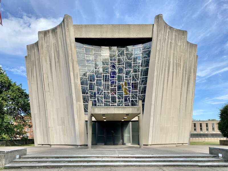 Built in 1964-67, this modern synagogue was designed by Max Abramovitz to house Temple Beth Zion, one of the oldest Jewish Reform congregations in the United States, founded in 1850.  The building replaced a previous synagogue, built in 1890, which