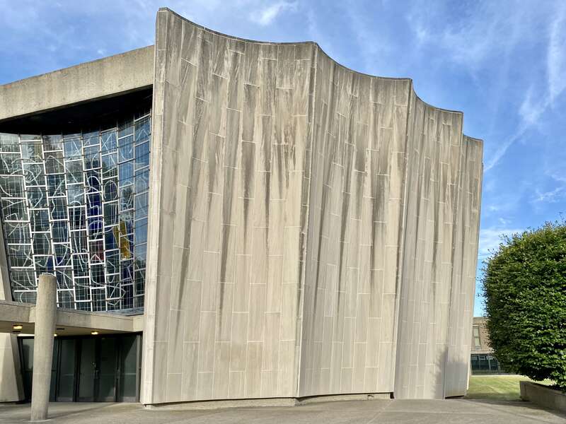 Built in 1964-67, this modern synagogue was designed by Max Abramovitz to house Temple Beth Zion, one of the oldest Jewish Reform congregations in the United States, founded in 1850.  The building replaced a previous synagogue, built in 1890, which