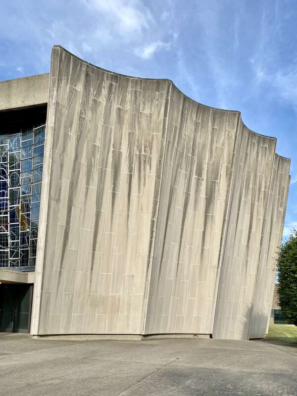 Built in 1964-67, this modern synagogue was designed by Max Abramovitz to house Temple Beth Zion, one of the oldest Jewish Reform congregations in the United States, founded in 1850.  The building replaced a previous synagogue, built in 1890, which