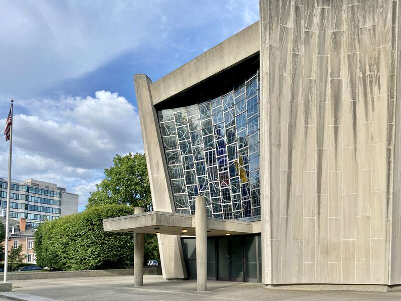 Built in 1964-67, this modern synagogue was designed by Max Abramovitz to house Temple Beth Zion, one of the oldest Jewish Reform congregations in the United States, founded in 1850.  The building replaced a previous synagogue, built in 1890, which