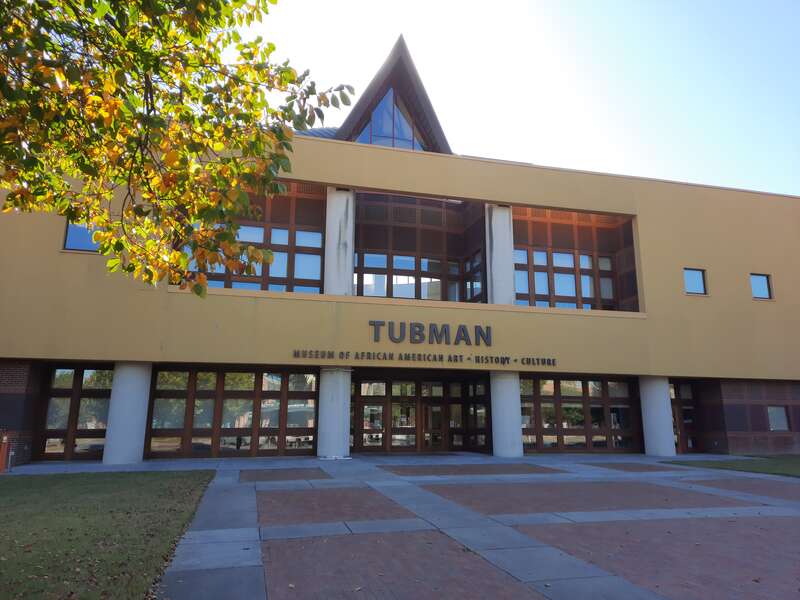 View of the entrance to the Tubman Museum of African American Art, History, &amp;amp; Culture in Macon, Ga. Taken from the sidewalk on Cherry St.