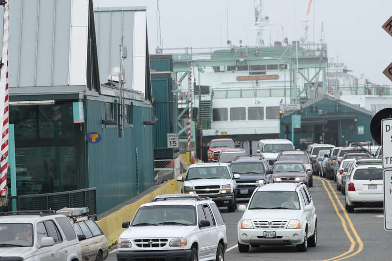 Washington State Ferry Walla Walla unloading; cars right are queued for loading