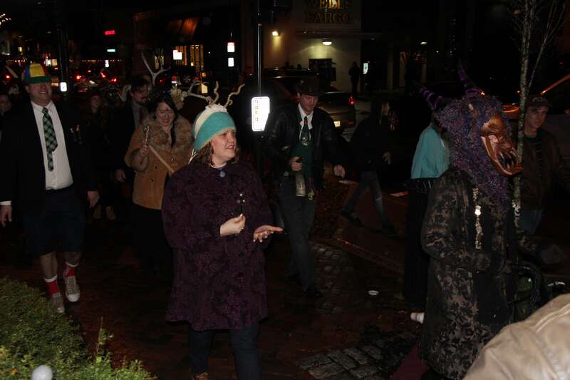 St Nicholas leading the parade, warning children to behave and beware of the Krampusnacht.