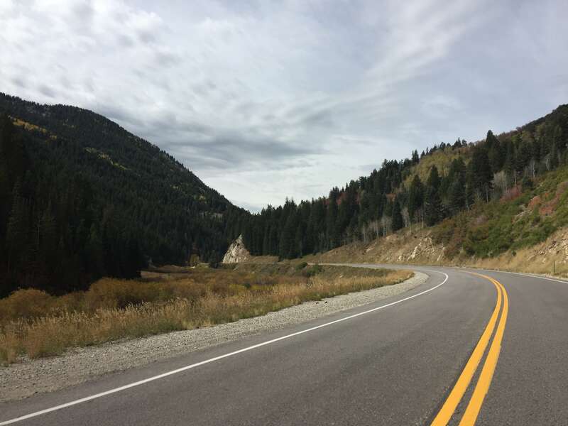 View west along Big Cottonwood Canyon Road (Utah State Route 190) about 9.4 miles east of Interstate 215 in Salt Lake County, Utah