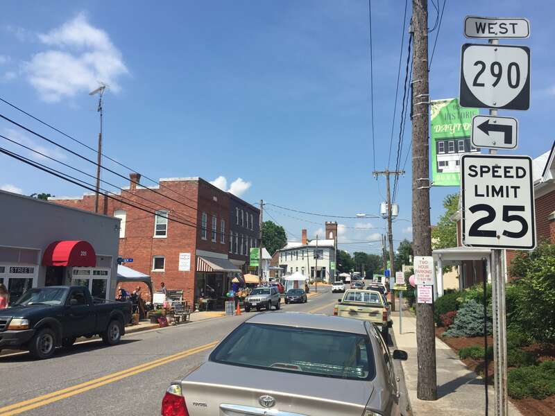 View north along Virginia State Route 42 Business and west along Virginia State Route 290 (Main Stree) at Thompson Street in Dayton, Rockingham County, Virginia