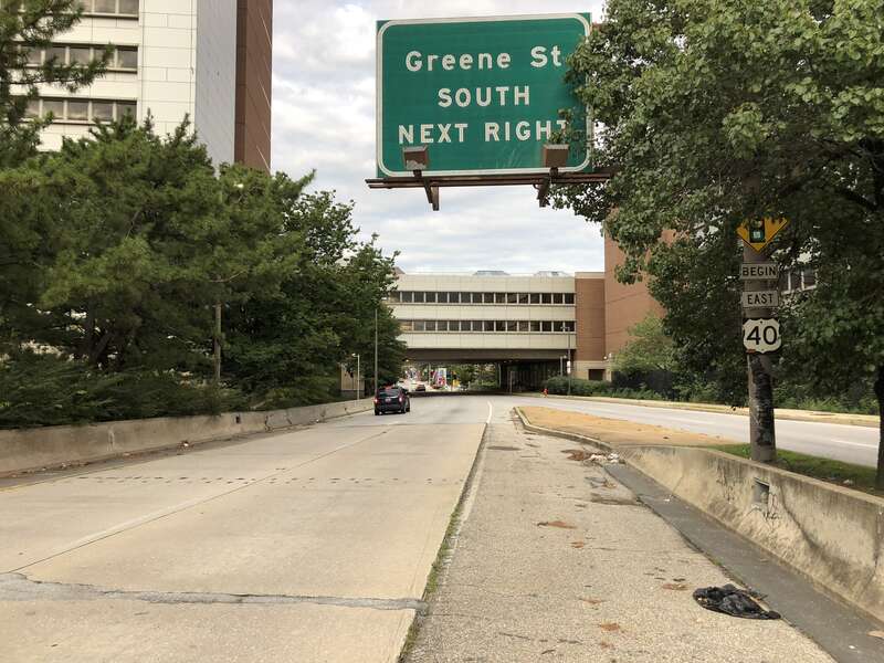 View east along U.S. Route 40 near the eastern end of former Interstate 170 at the exit for Greene Street in downtown Baltimore City, Maryland
