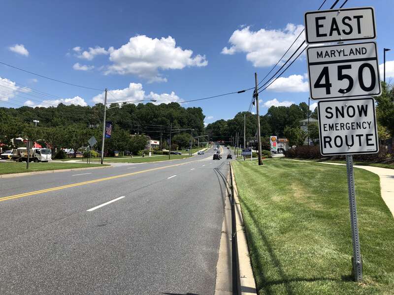 View east along Maryland State Route 450 (Annapolis Road) just east of Millstream Drive/Stonybrook Drive in Bowie, Prince George's County, Maryland
