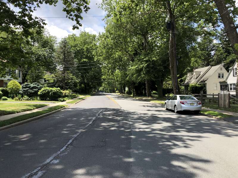 View south along Mercer County Route 636 (Parkside Avenue) at Pershing Avenue in Ewing Township, Mercer County, New Jersey
