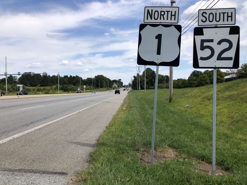 View north along U.S. Route 1 and south along Pennsylvania State Route 52 (Baltimore Pike) just east of Lenape Road in Kennett Township, Chester County, Pennsylvania