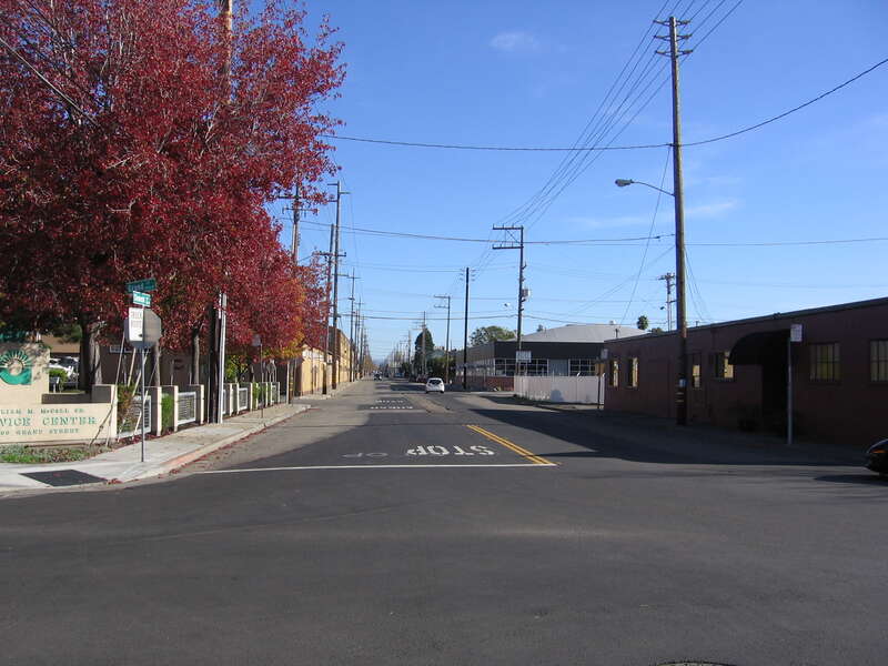 The Alameda Municipal Power headquarters at 2000 Grand Street (corner of Clement Avenue) in Alameda, California, USA.  This view is looking southeast along Clement Avenue.